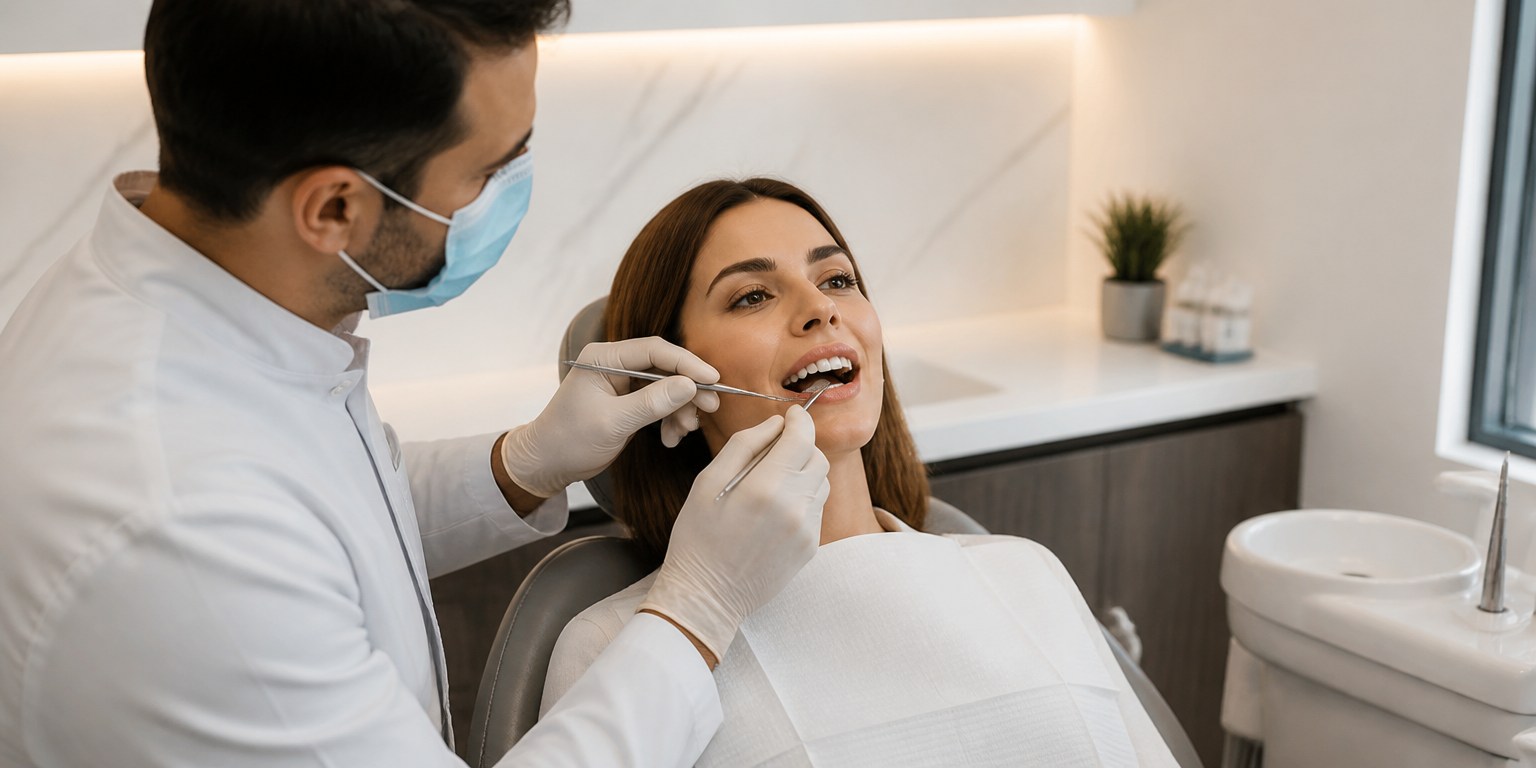 Dentist checking bite and comfort during Hollywood Smile recovery