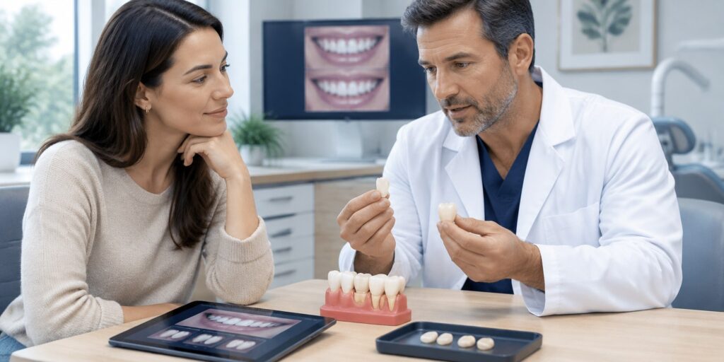 Dentist discussing Hollywood Smile risks and treatment options with a patient