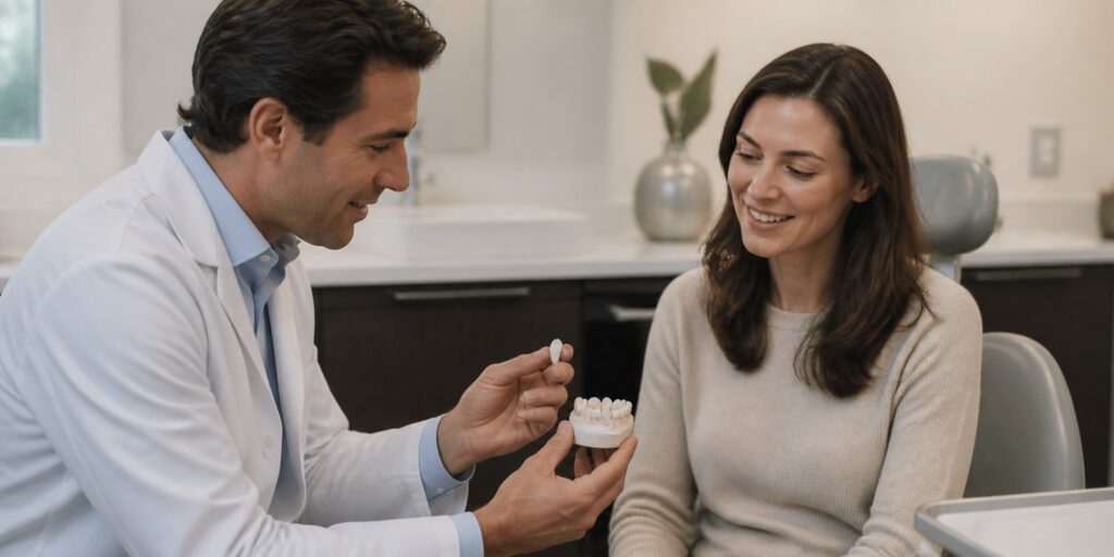 Dentist discussing conservative tooth preparation for a Hollywood Smile