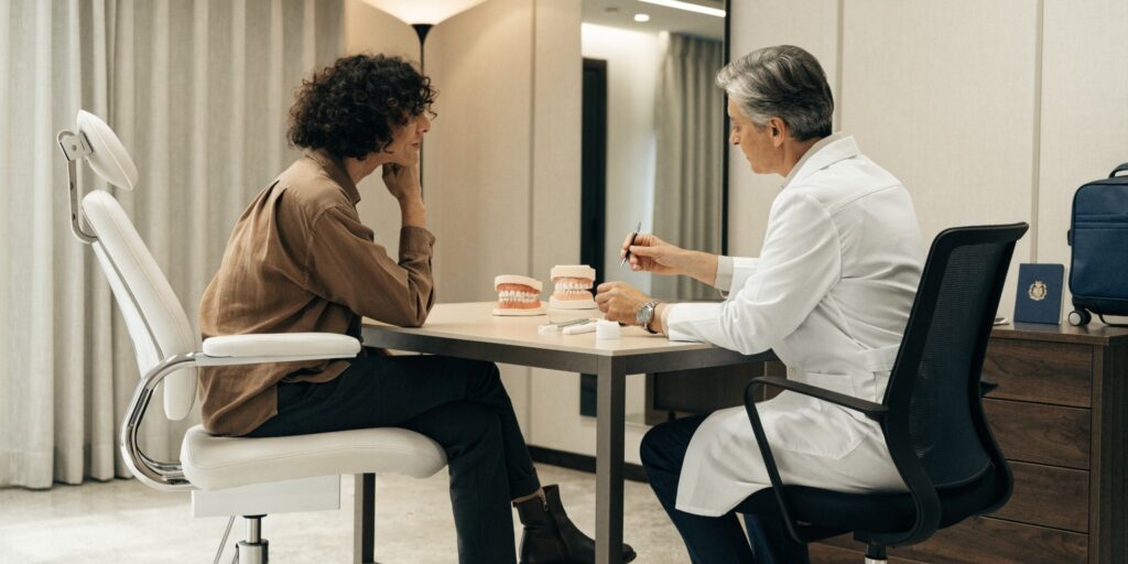 International patient reviewing a personalized Hollywood Smile treatment and travel timeline