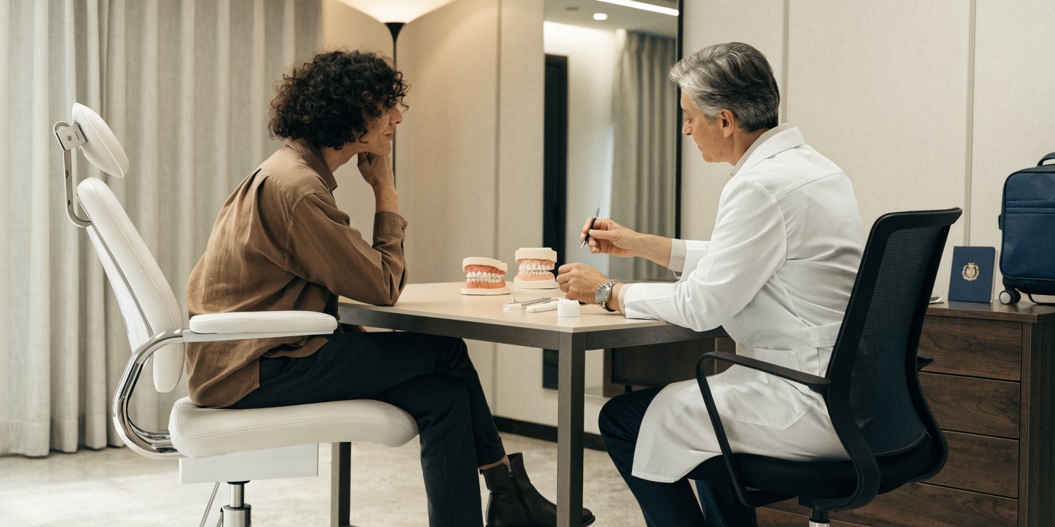 International patient reviewing a personalized Hollywood Smile treatment and travel timeline