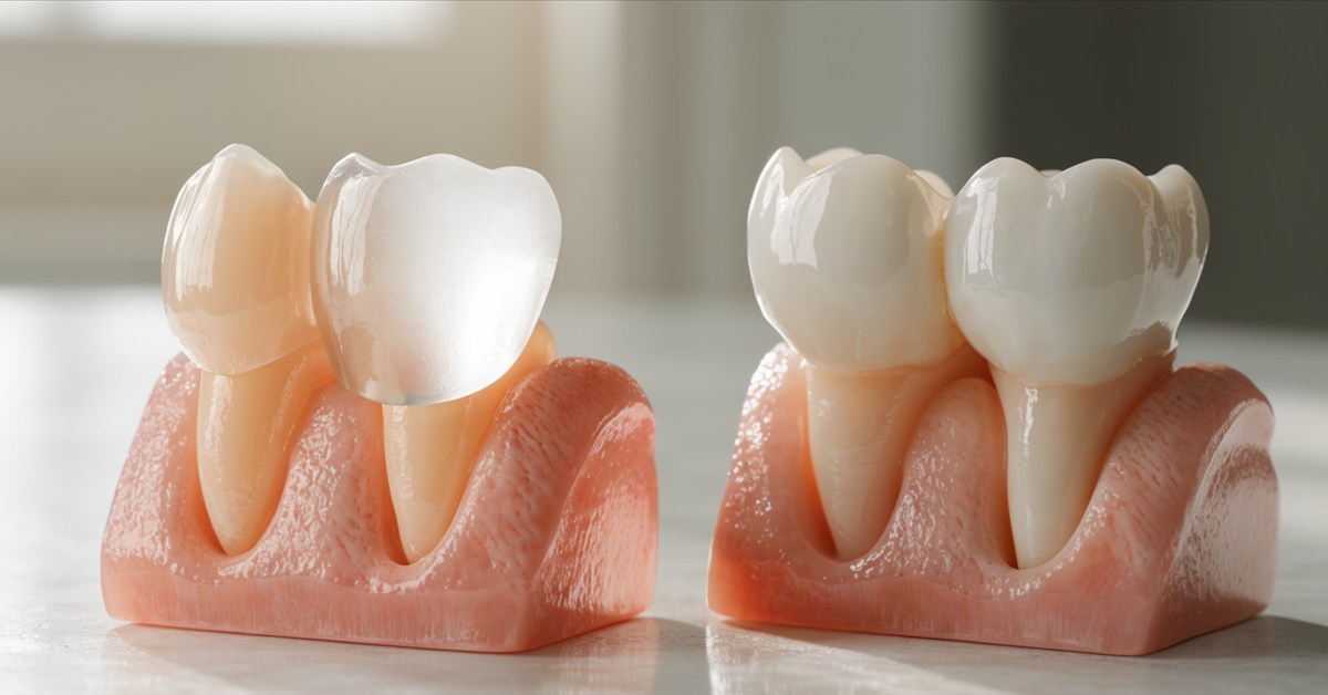Dental models comparing veneer and crown coverage for Hollywood Smile planning
