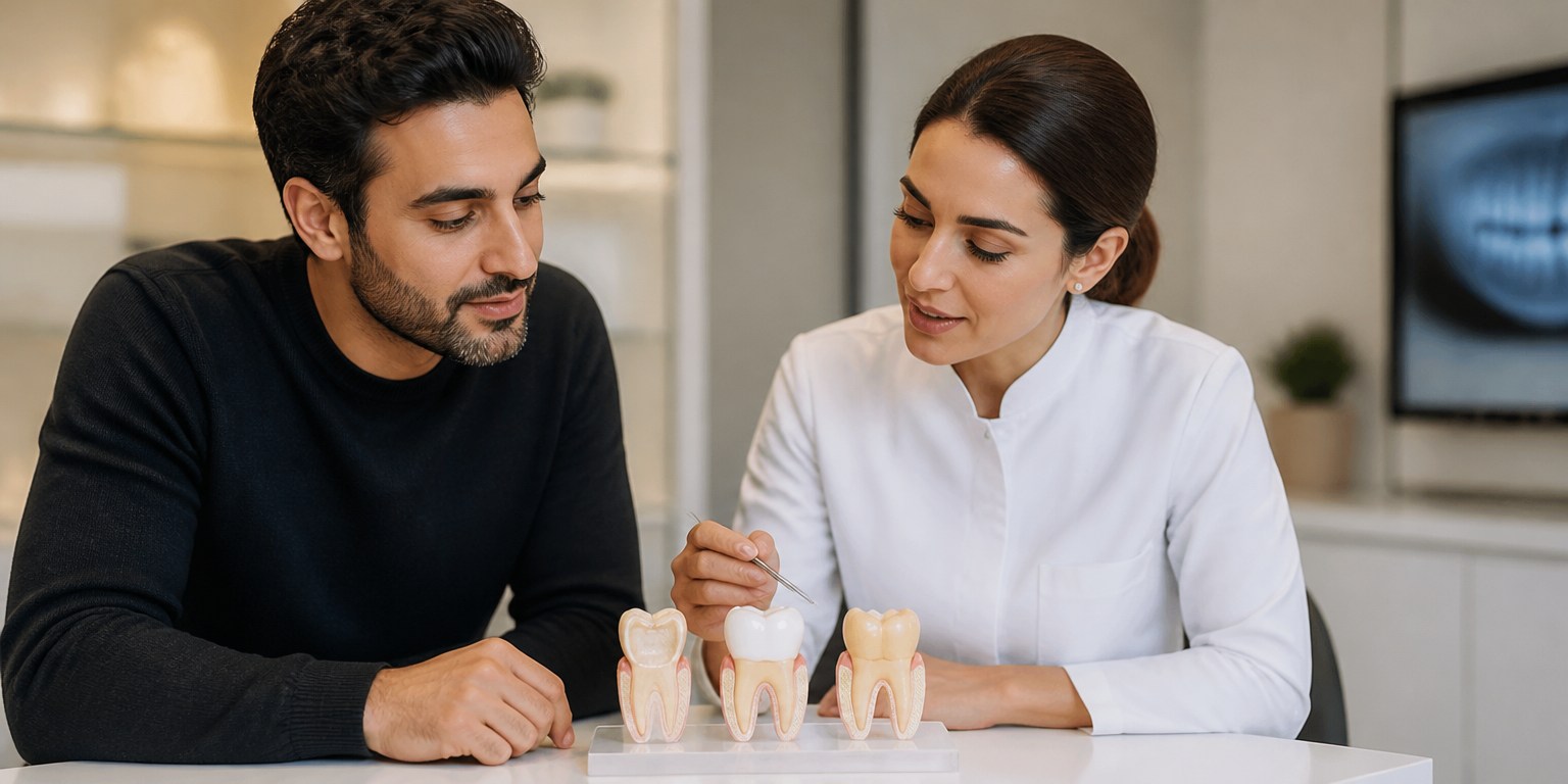 Dentist comparing veneer, crown and natural-tooth options during Hollywood Smile planning