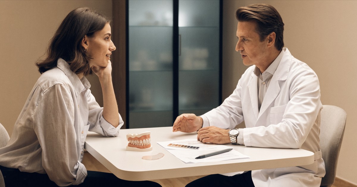 Dentist explaining the difference between a Hollywood Smile plan and dental veneers