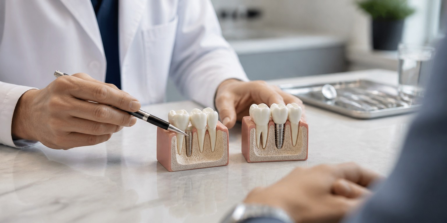 Dentist explaining the difference between implant placement and a temporary implant crown
