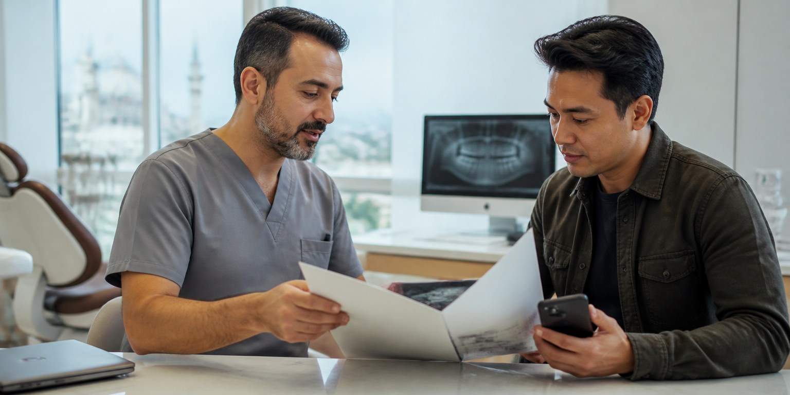Dentist giving implant aftercare records to an international patient before departure
