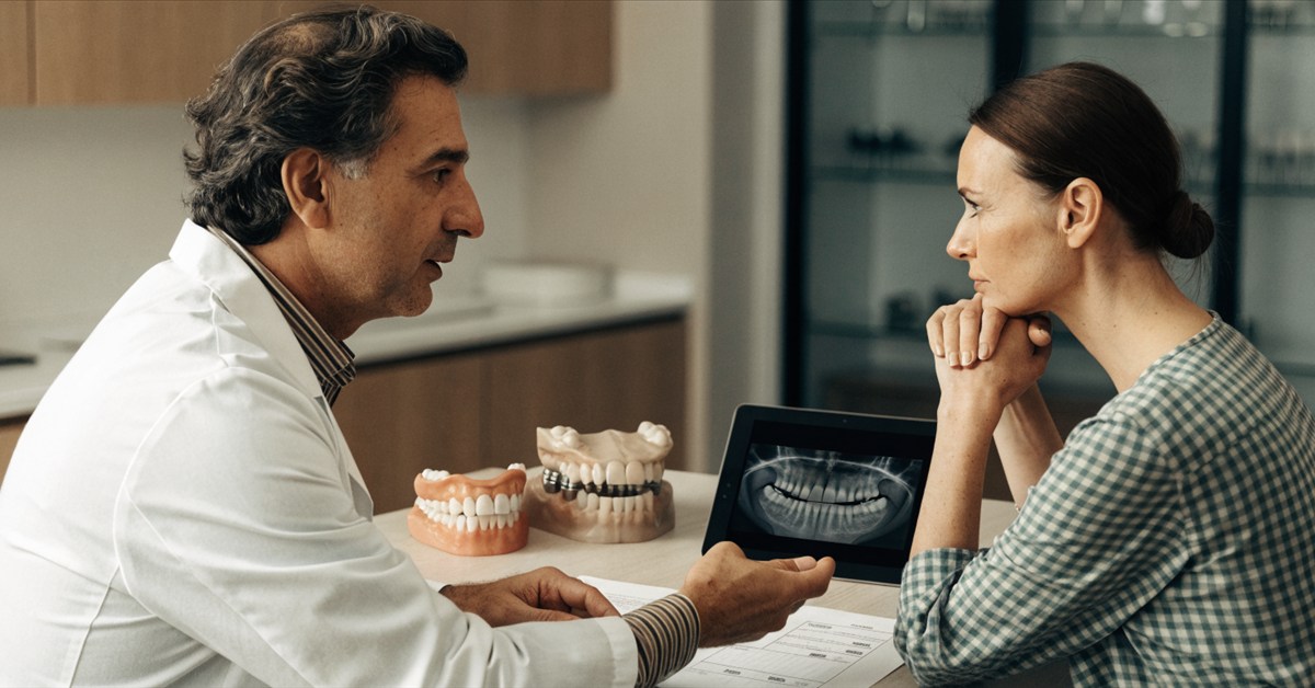 Dentist reviewing staged implant and denture treatment planning with a patient