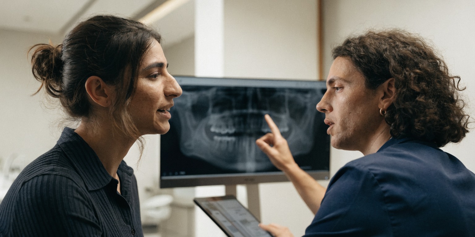 Dentist reviewing dental imaging and medical history during an implant assessment