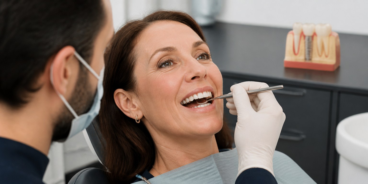 Patient with a temporary implant tooth during the healing phase after implant placement