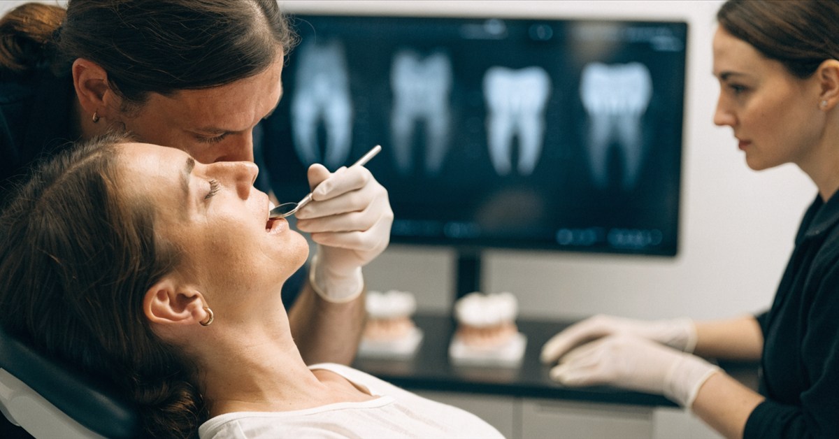 Dentist completing a clinical assessment for implant or bridge treatment