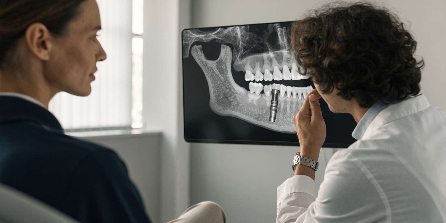 Dentist reviewing jaw imaging during dental implant healing follow-up
