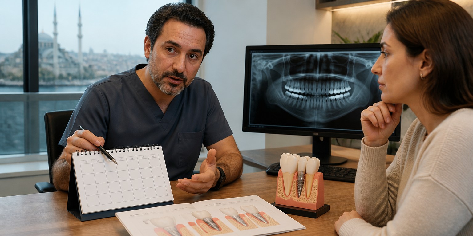 Patient reviewing a dental implant calendar while the dentist explains healing time