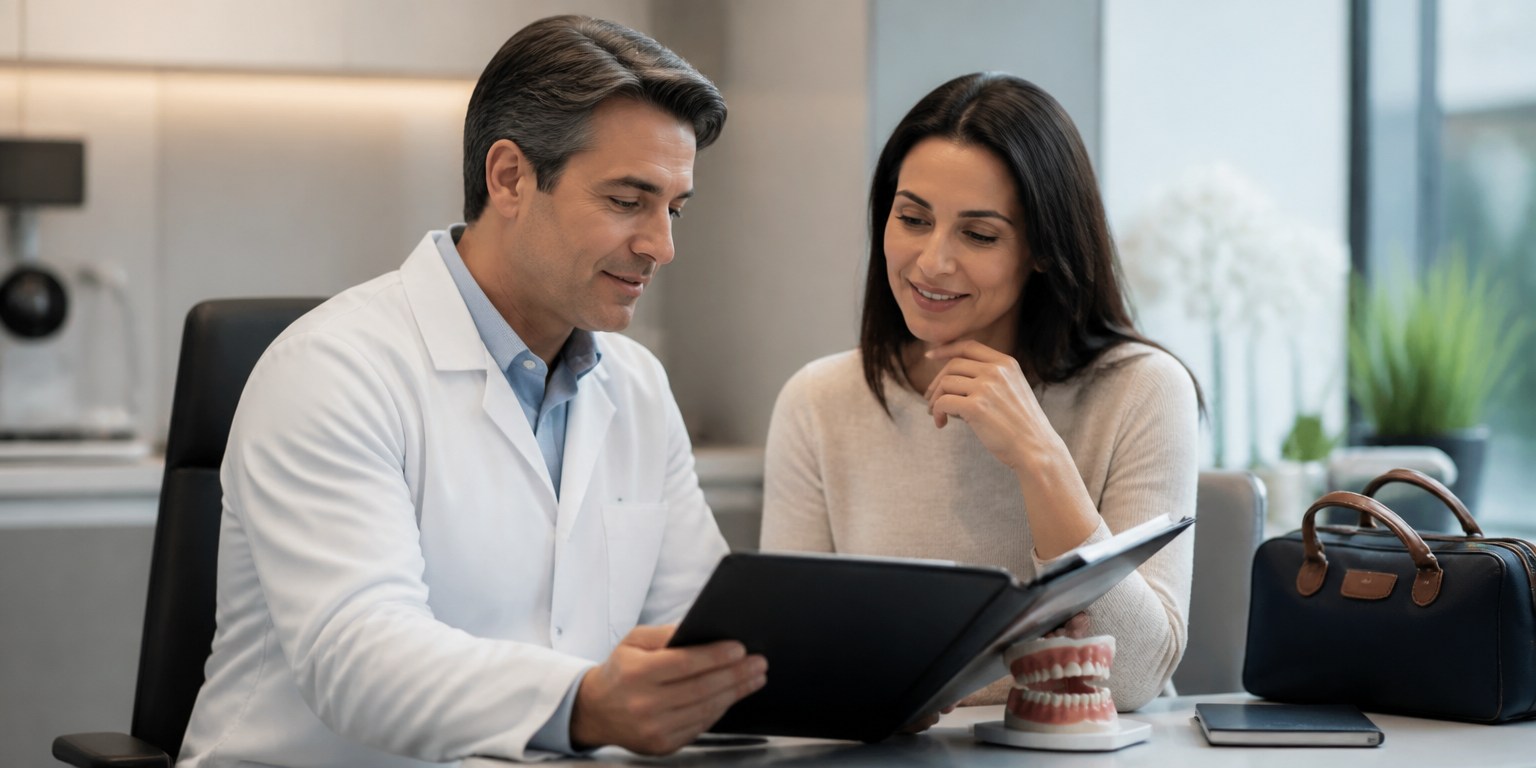International patient reviewing dental treatment and travel planning for a Hollywood Smile