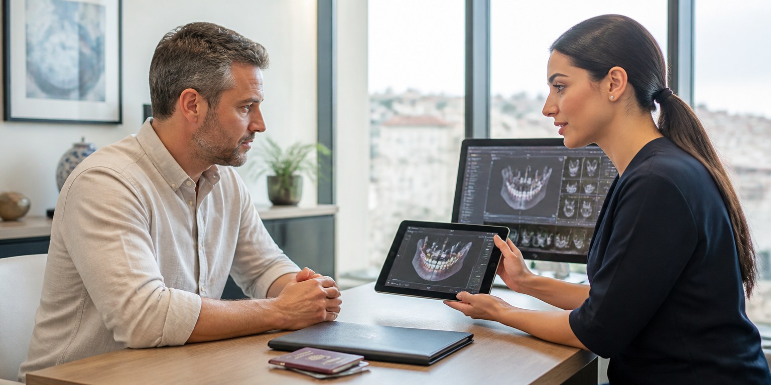 International patient reviewing a staged dental implant treatment plan in an Istanbul clinic
