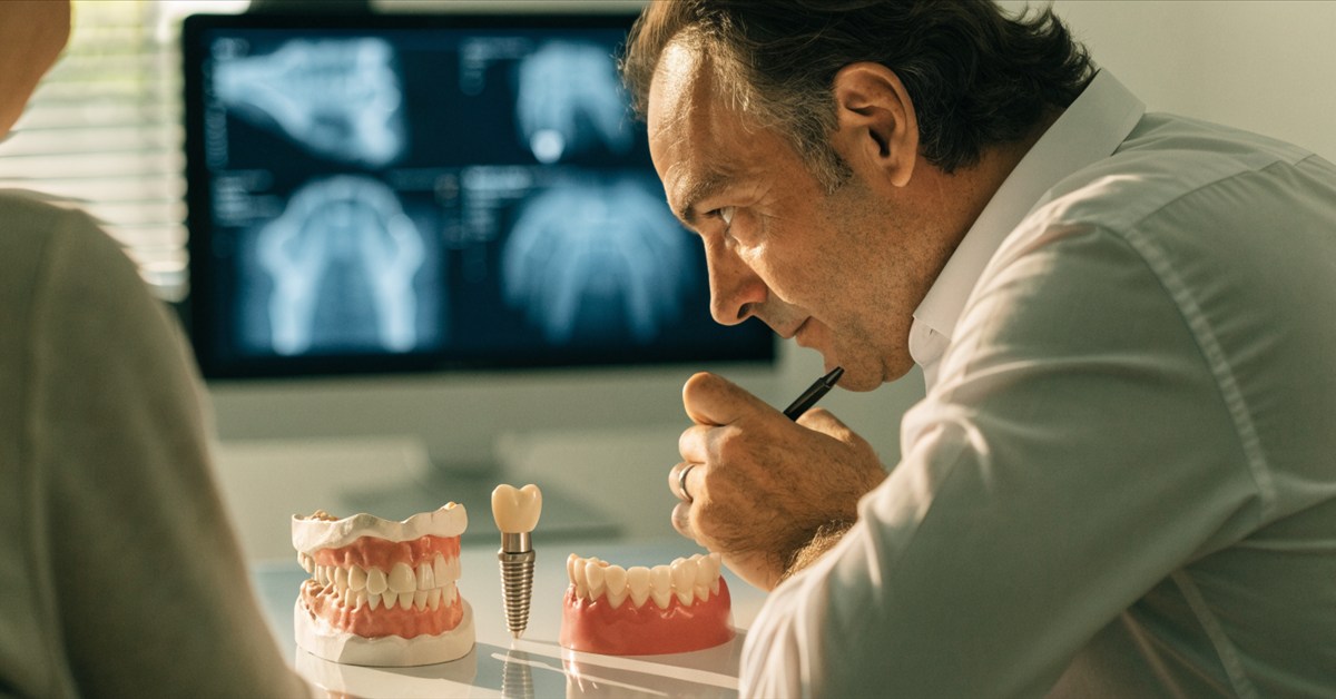 Dentist reviewing a missing-tooth case with dental models and imaging