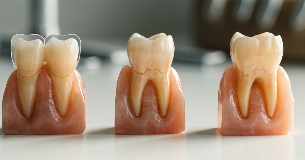 Dental models comparing no-prep, minimal-prep and traditional veneer preparation concepts