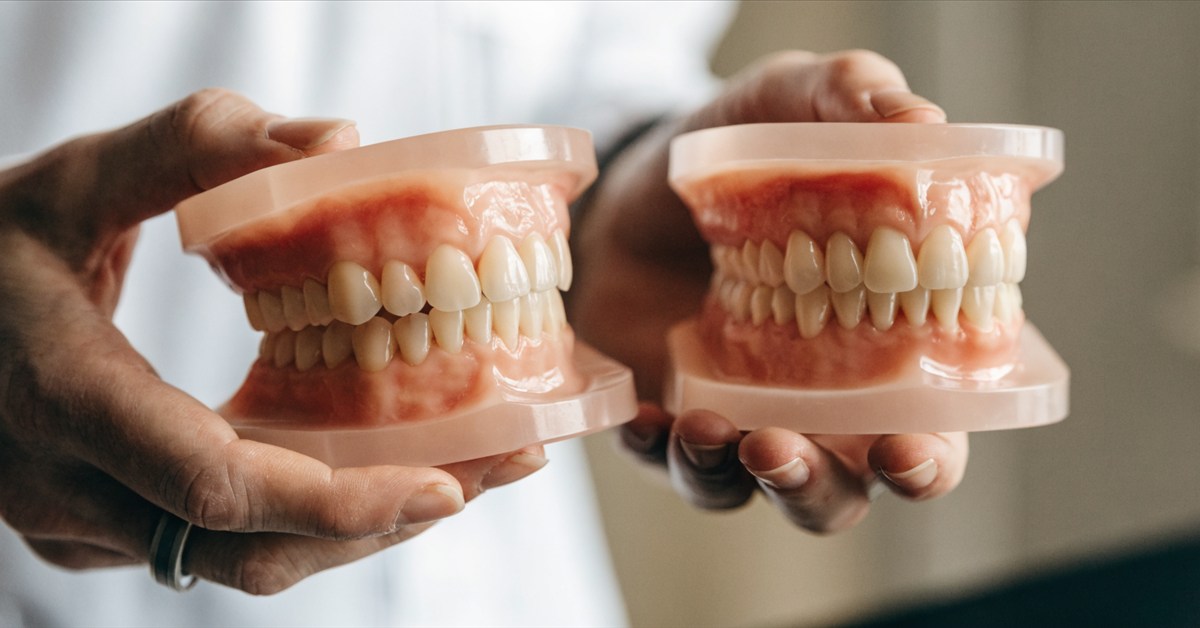 Dental models showing how tooth position and restorative space affect no-prep veneer suitability