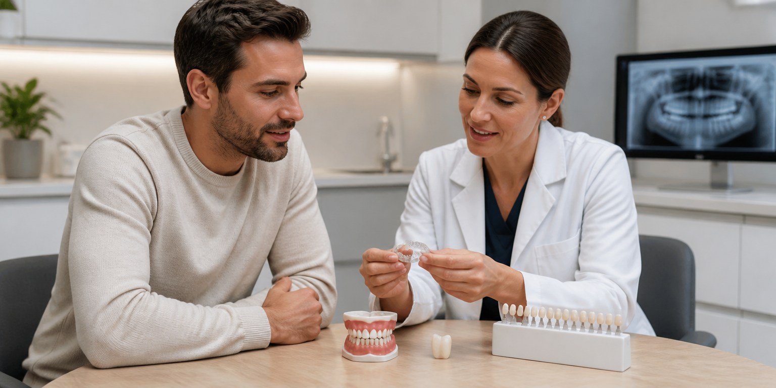 Dentist planning orthodontic alignment and conservative veneer treatment as a combined approach