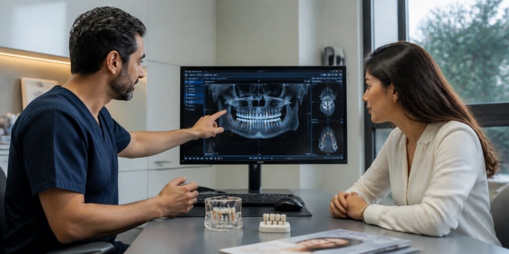 Dentist reviewing a same-day dental implant treatment plan with an international patient in Istanbul