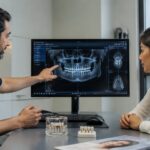 Dentist reviewing a same-day dental implant treatment plan with an international patient in Istanbul