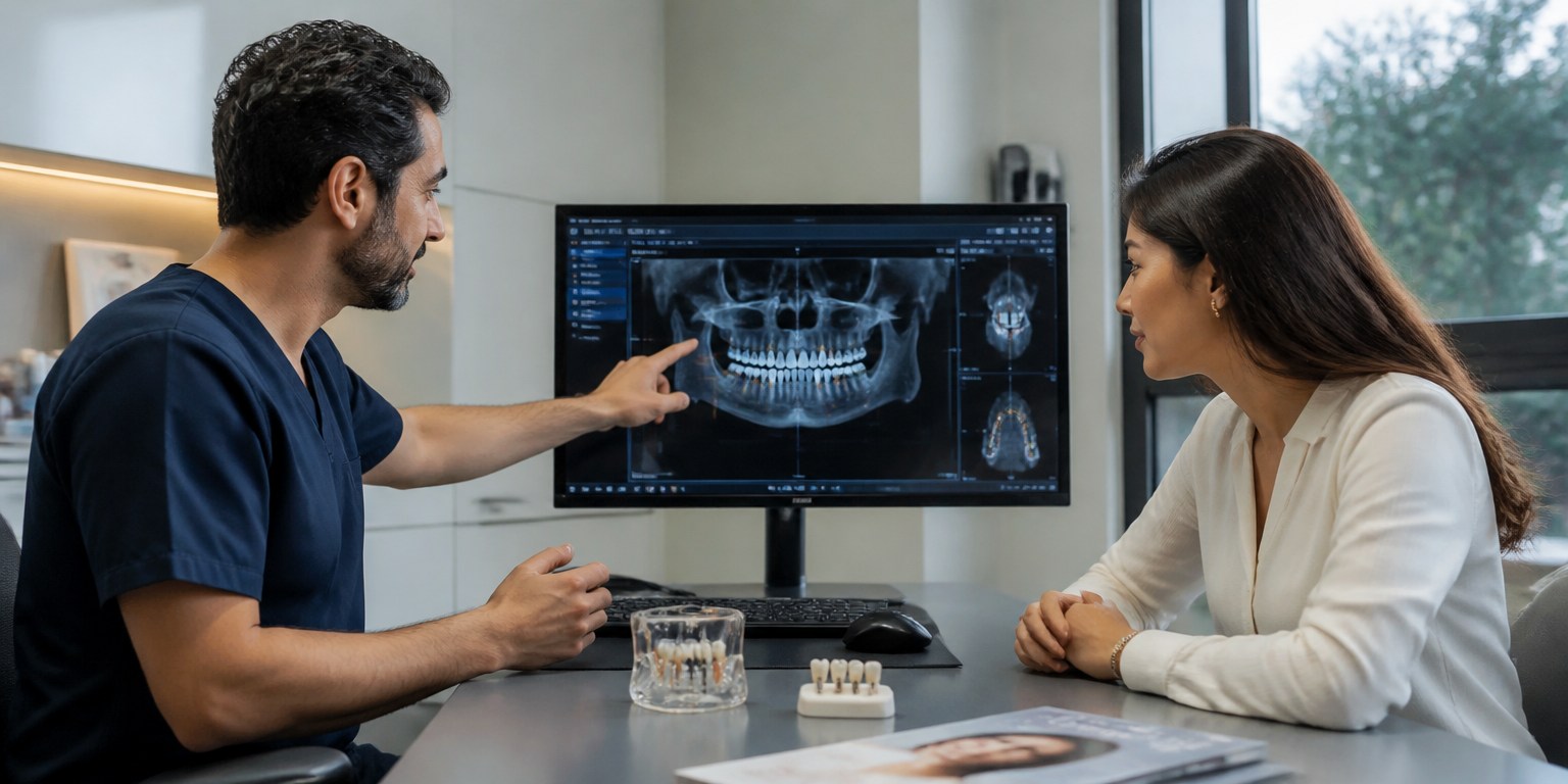 Dentist reviewing a same-day dental implant treatment plan with an international patient in Istanbul