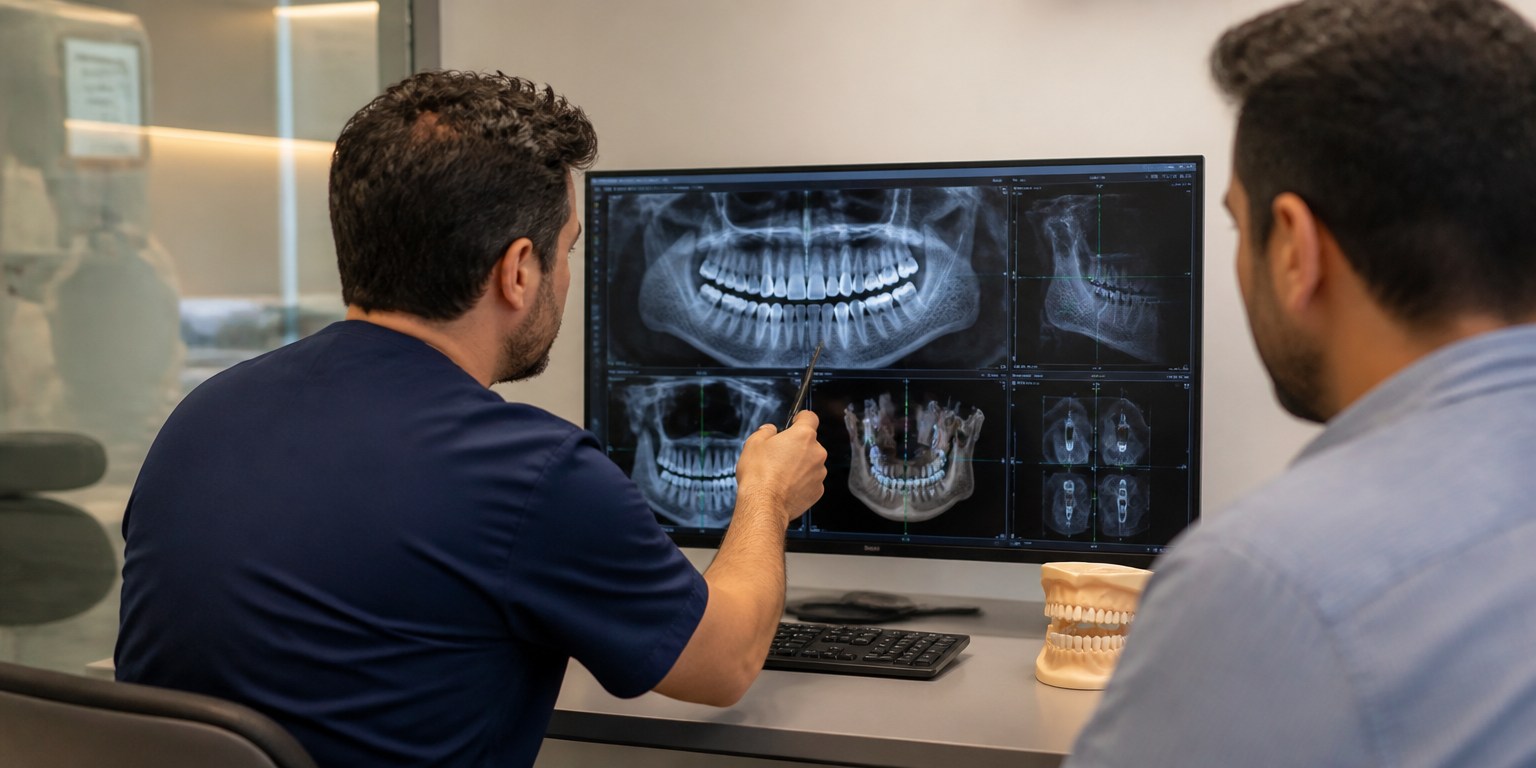 Dentist assessing CBCT imaging before deciding whether an implant can be loaded immediately