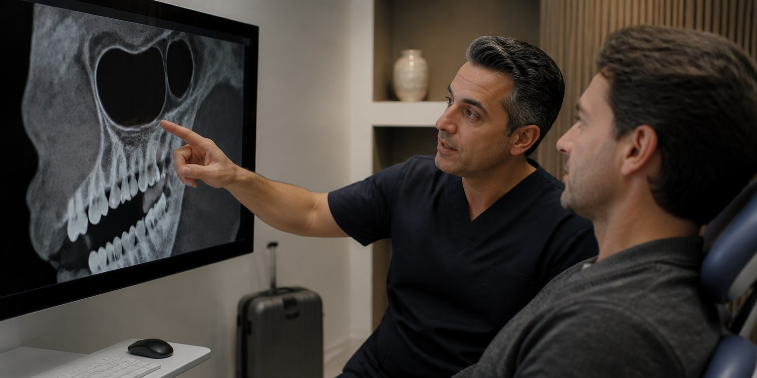 Dentist reviewing maxillary sinus anatomy with a patient before air travel after implant treatment