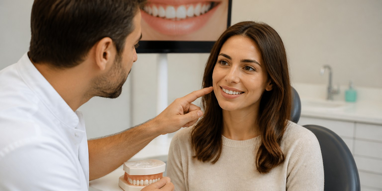 Dentist evaluating smile line and visible teeth for conservative Hollywood Smile planning