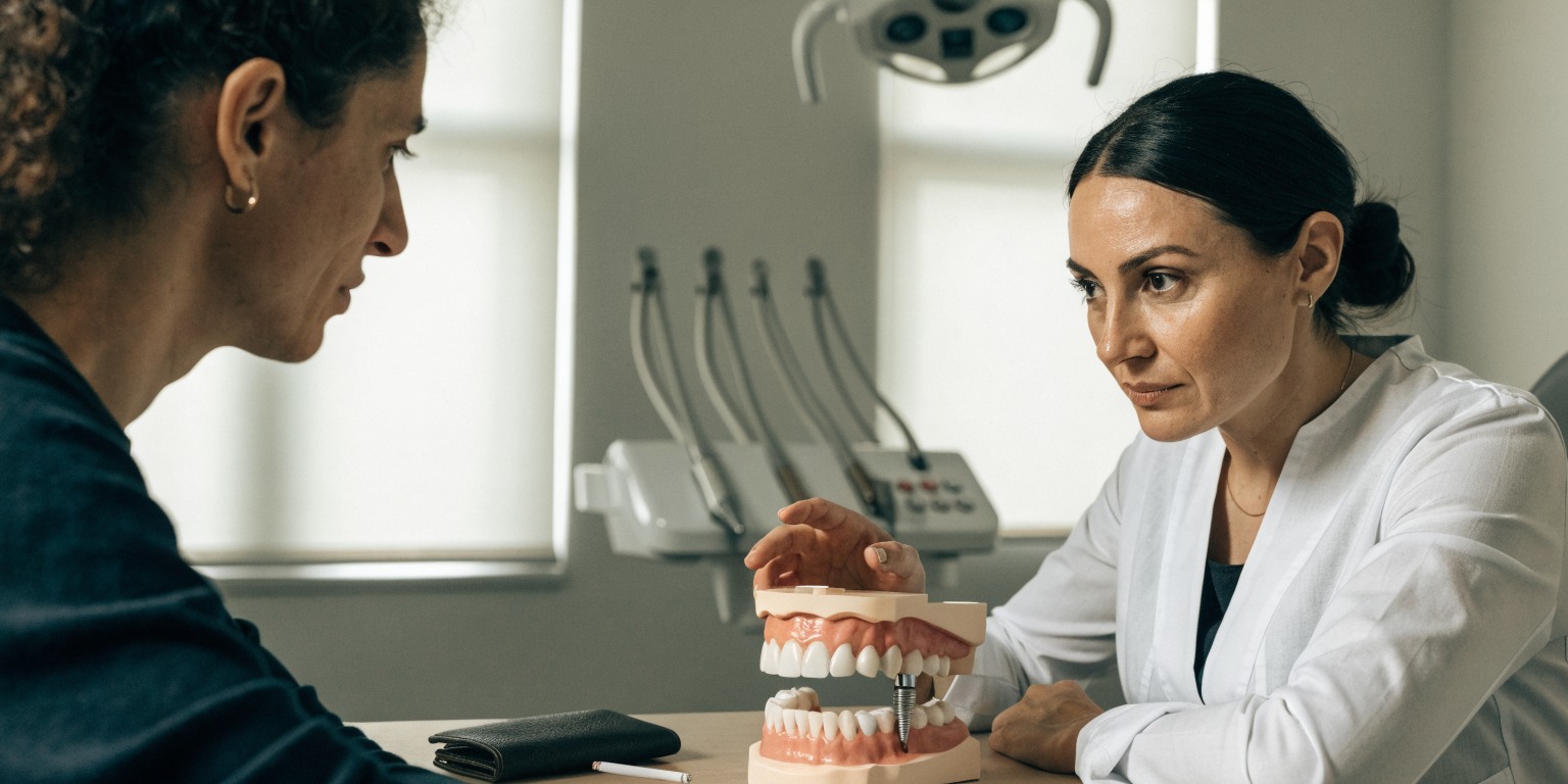 Dentist explaining dental implant healing around the jawbone to a patient who smokes