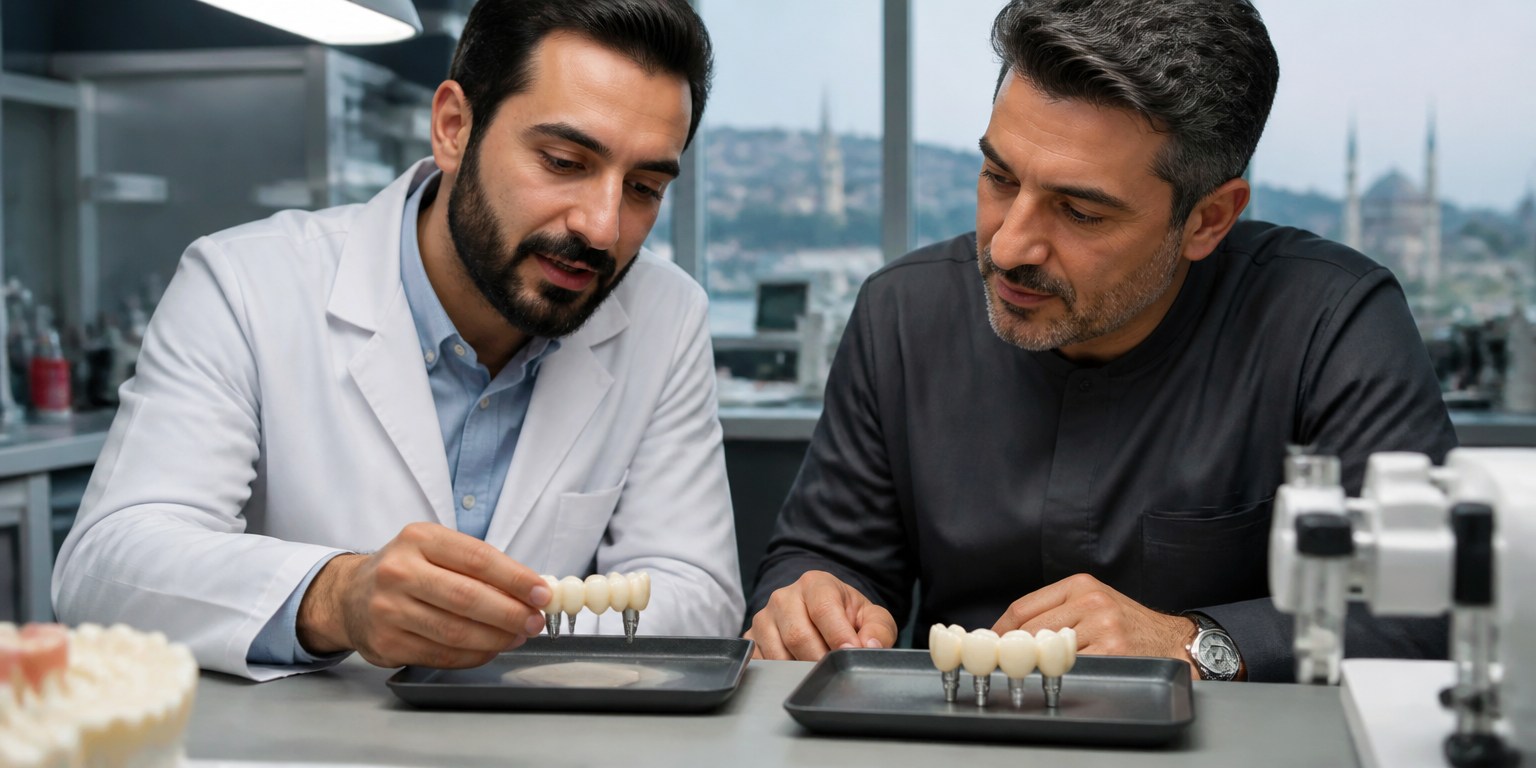 Dental technician and dentist comparing provisional and final implant restorations