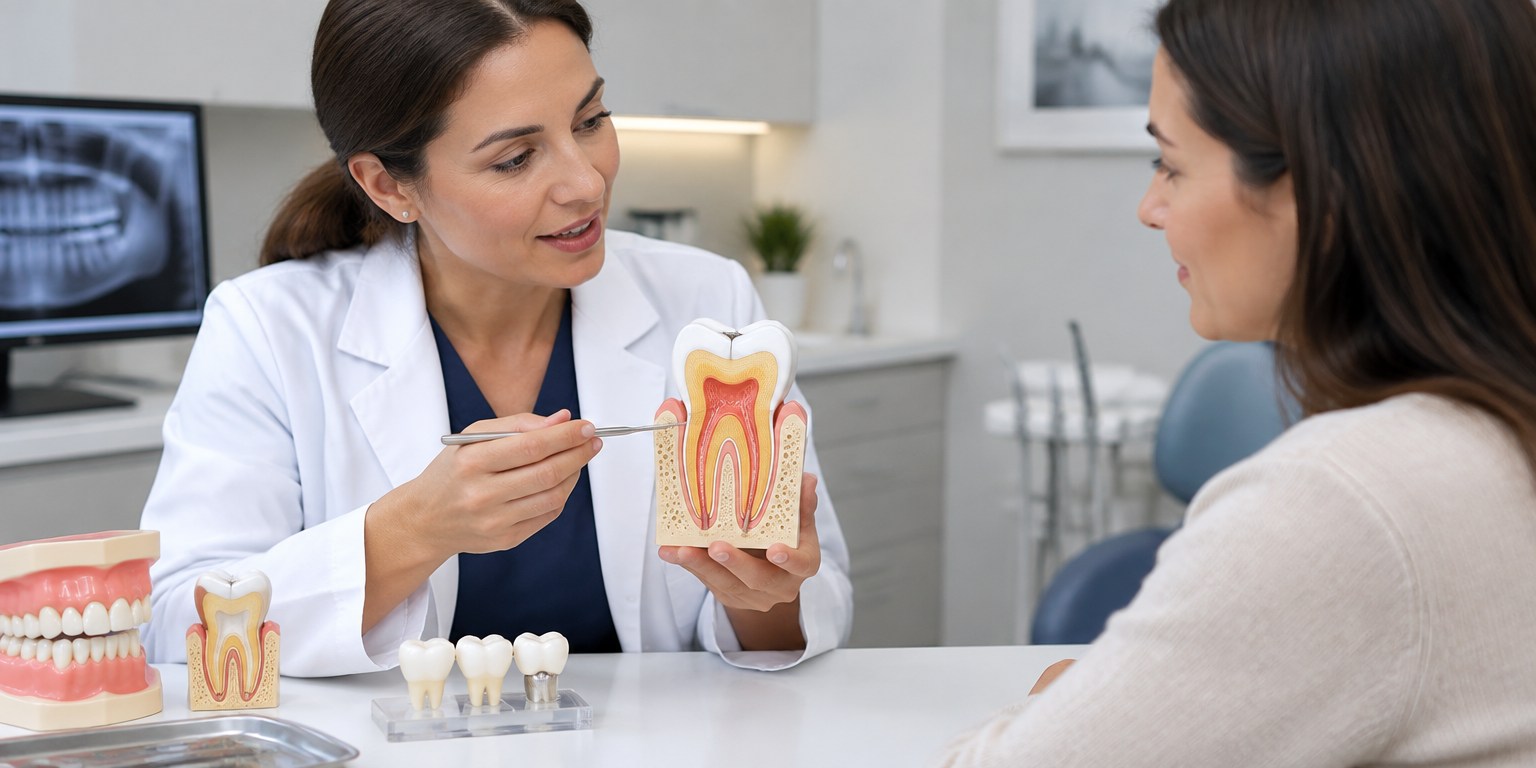 Dentist explaining pulp considerations during tooth preparation for restorations