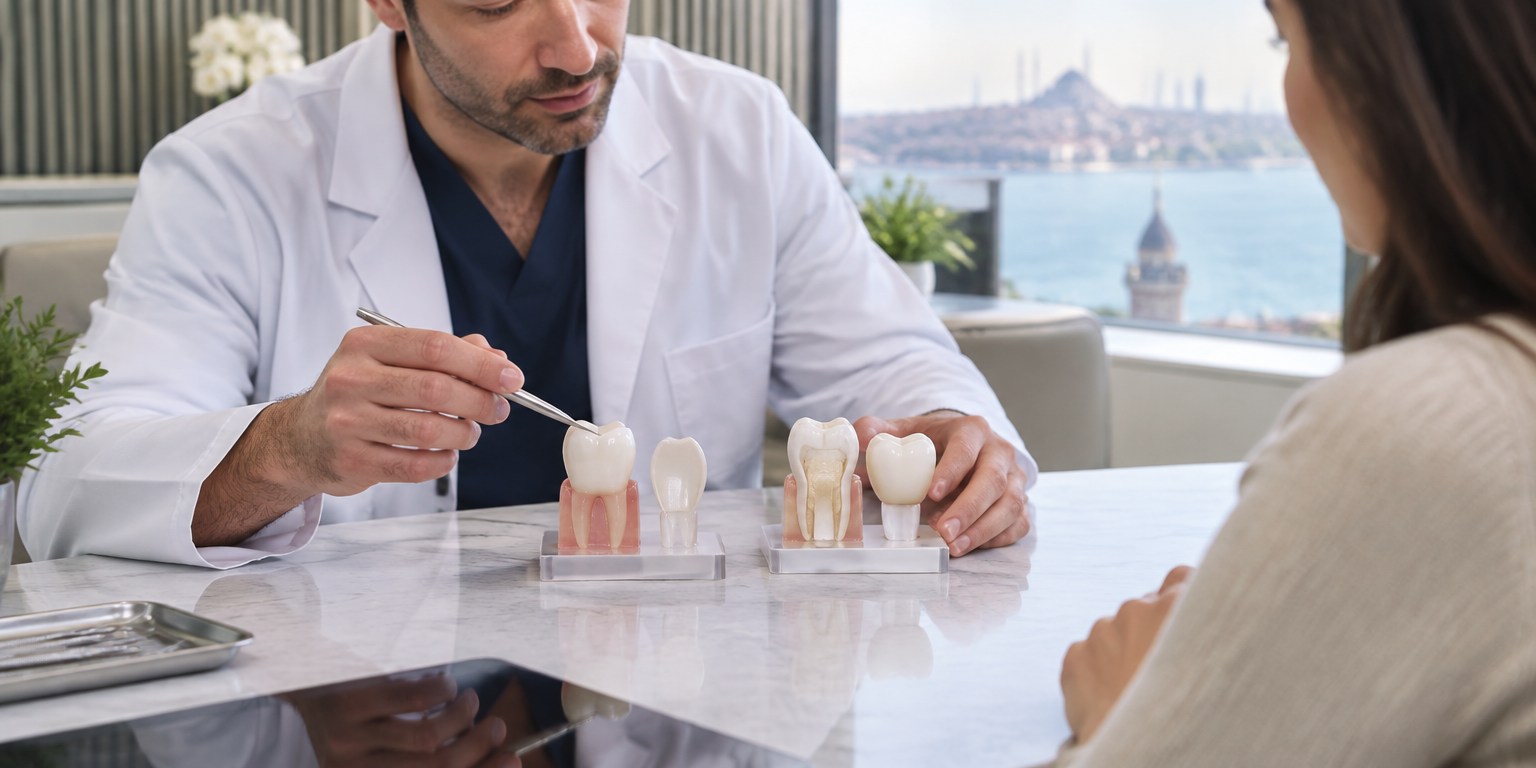 Dentist comparing veneer and crown options based on the amount of healthy tooth structure remaining