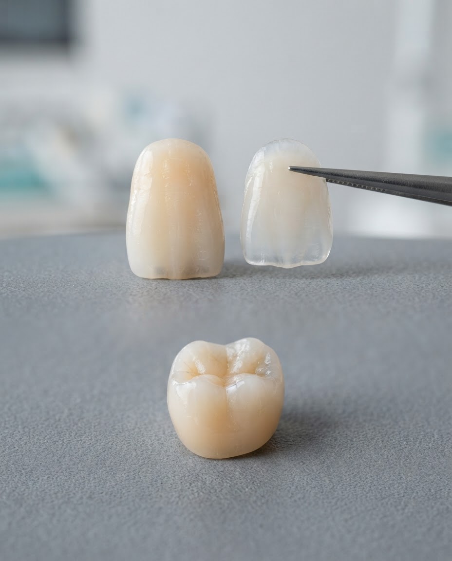 Natural tooth, thin ceramic veneer and full crown illustrating different levels of tooth coverage