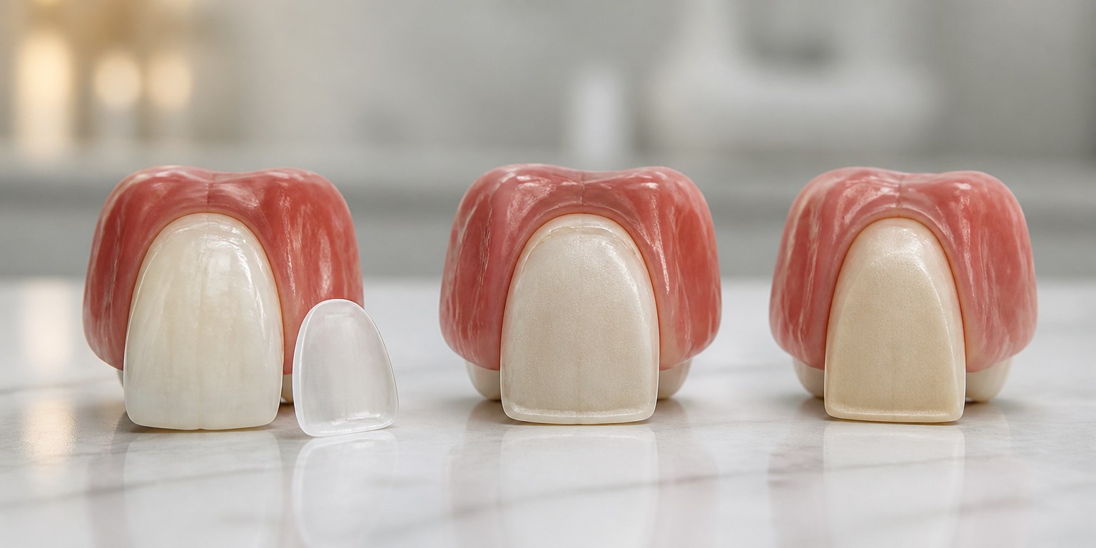 Dental models illustrating different levels of veneer tooth preparation