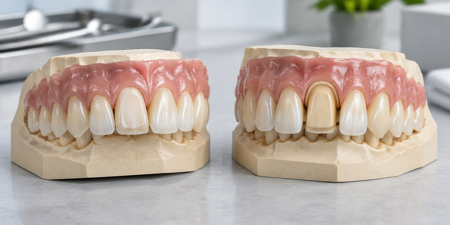 Dental models comparing conservative veneer preparation with full crown preparation
