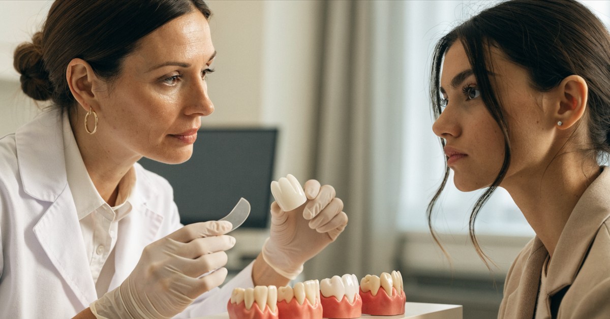 Dentist comparing veneers and crowns according to remaining tooth structure