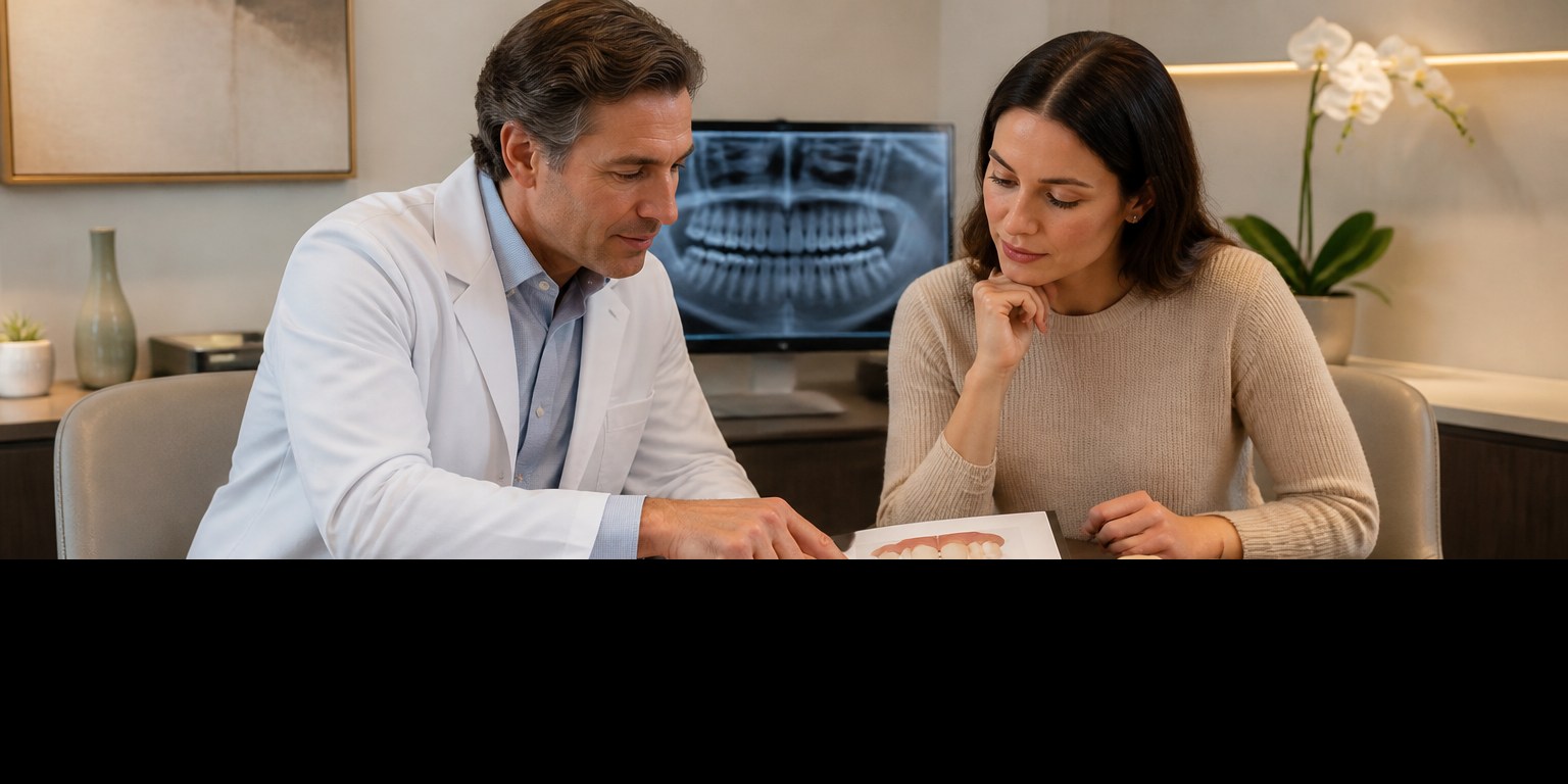 Patient and dentist comparing orthodontic and restorative treatment considerations