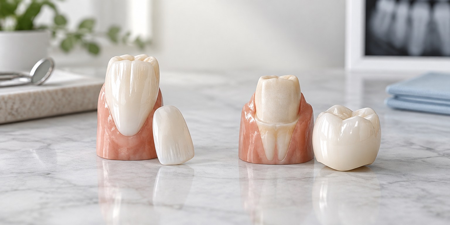 Dental models comparing veneer and crown coverage during risk assessment