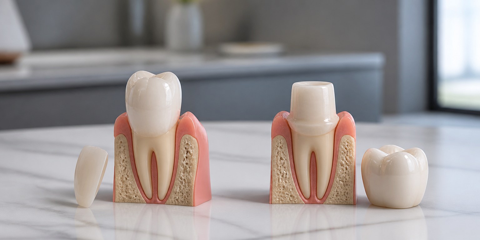 Dental models comparing veneer and crown coverage and tooth preparation