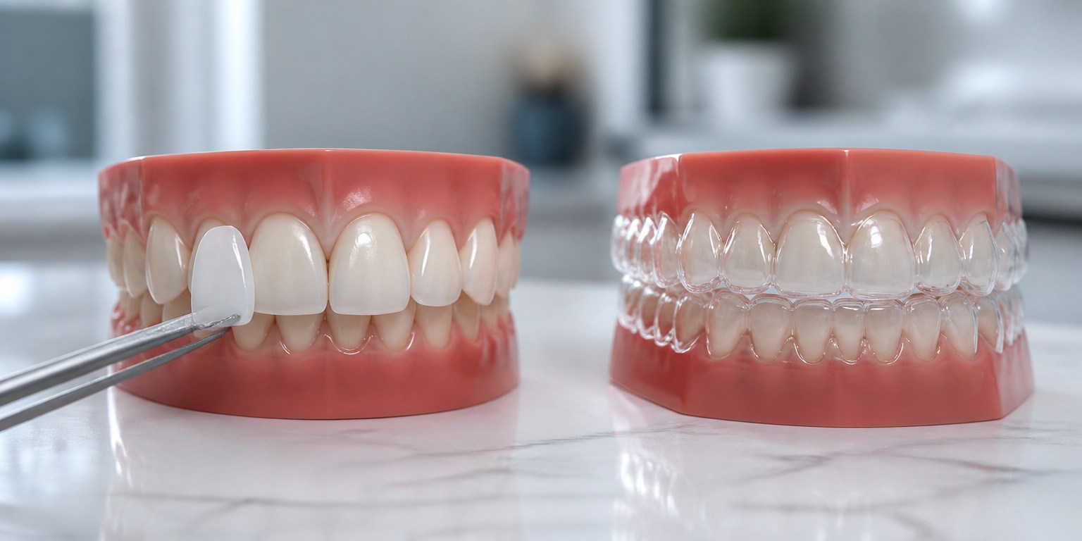 Dental models comparing a veneer surface restoration with a clear orthodontic aligner