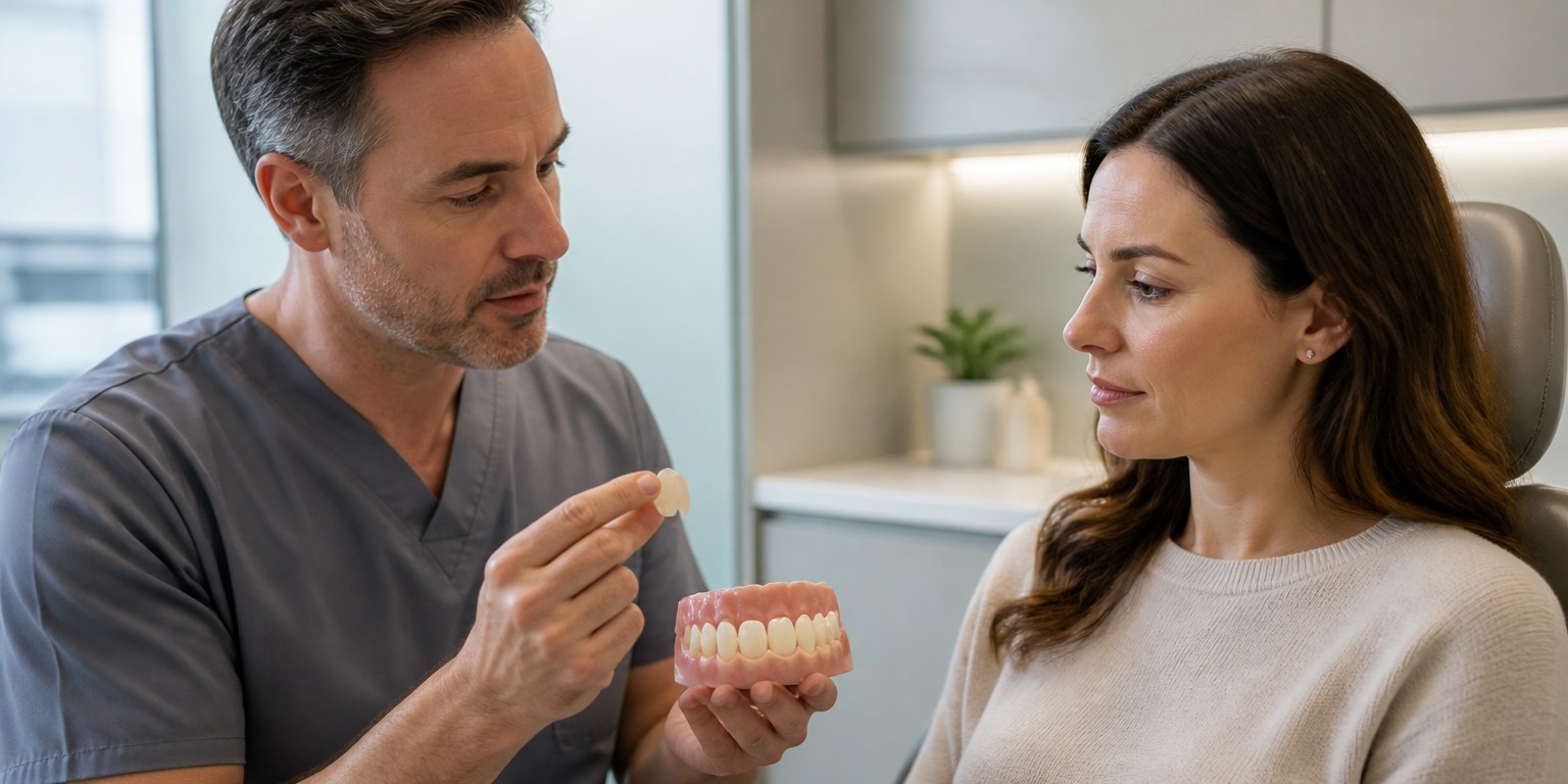 Dentist explaining tooth preparation using a dental model and veneer sample