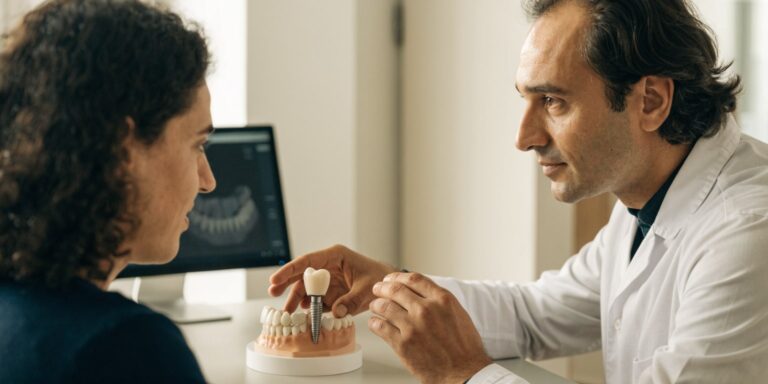 Dentist explaining a single dental implant treatment plan to a patient with an implant model
