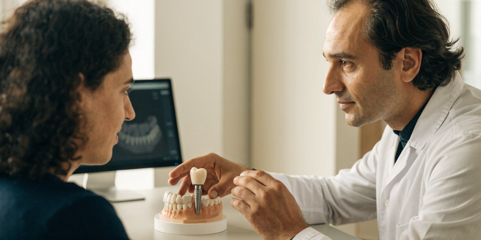 Dentist explaining a single dental implant treatment plan to a patient with an implant model