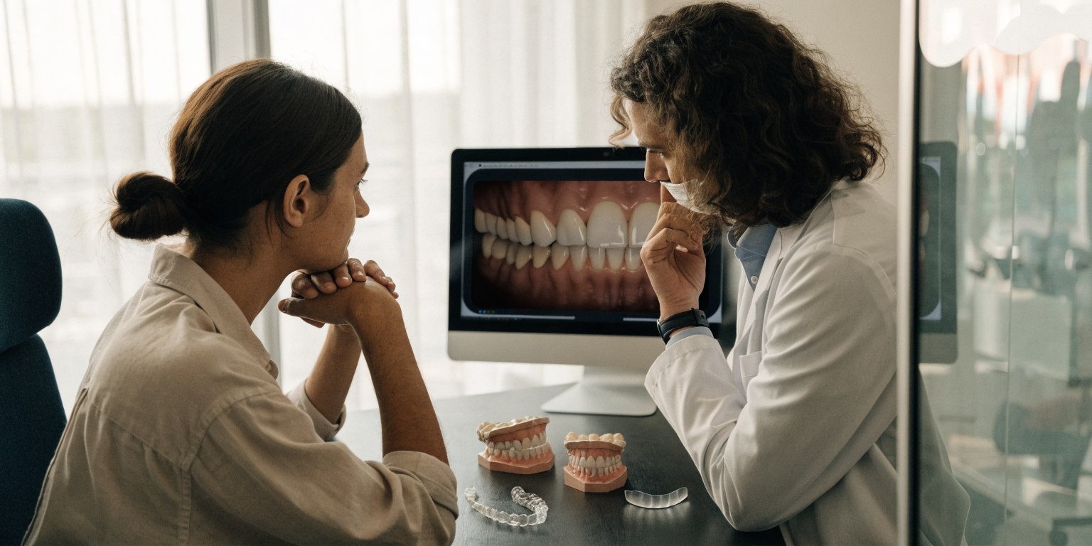 Dentist reviewing tooth alignment and bite with an international patient before veneer treatment in Istanbul