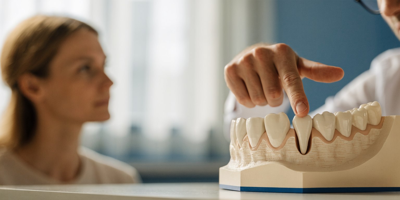 Dentist using a jaw model to explain bone support around a missing tooth