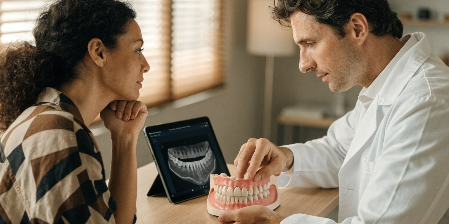 Dentist discussing a bone graft and implant plan with a patient using a jaw model and scan