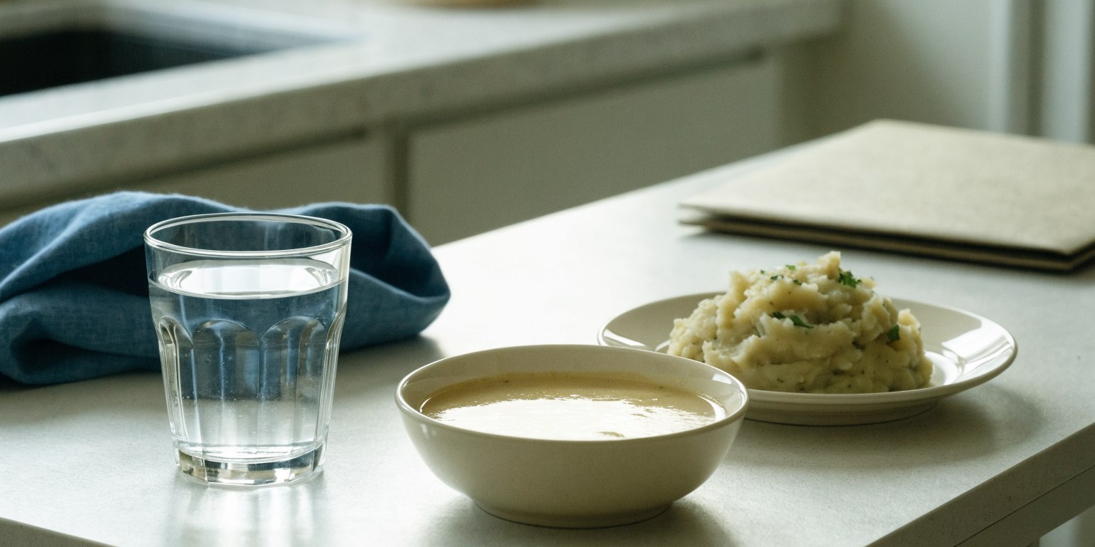 Soft food, water and an aftercare folder prepared for recovery at home