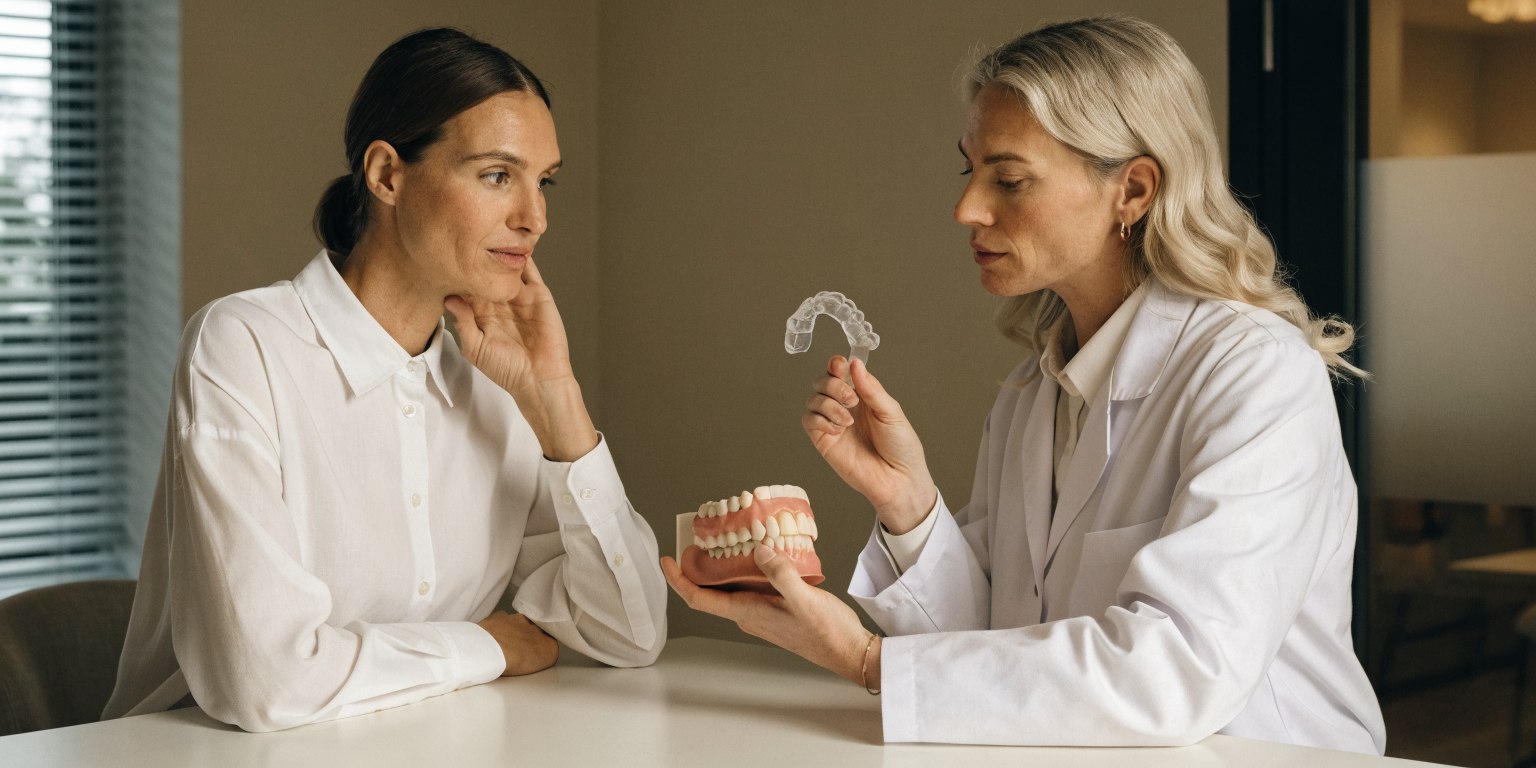 Dentist discussing bruxism and restoration protection during Hollywood Smile maintenance