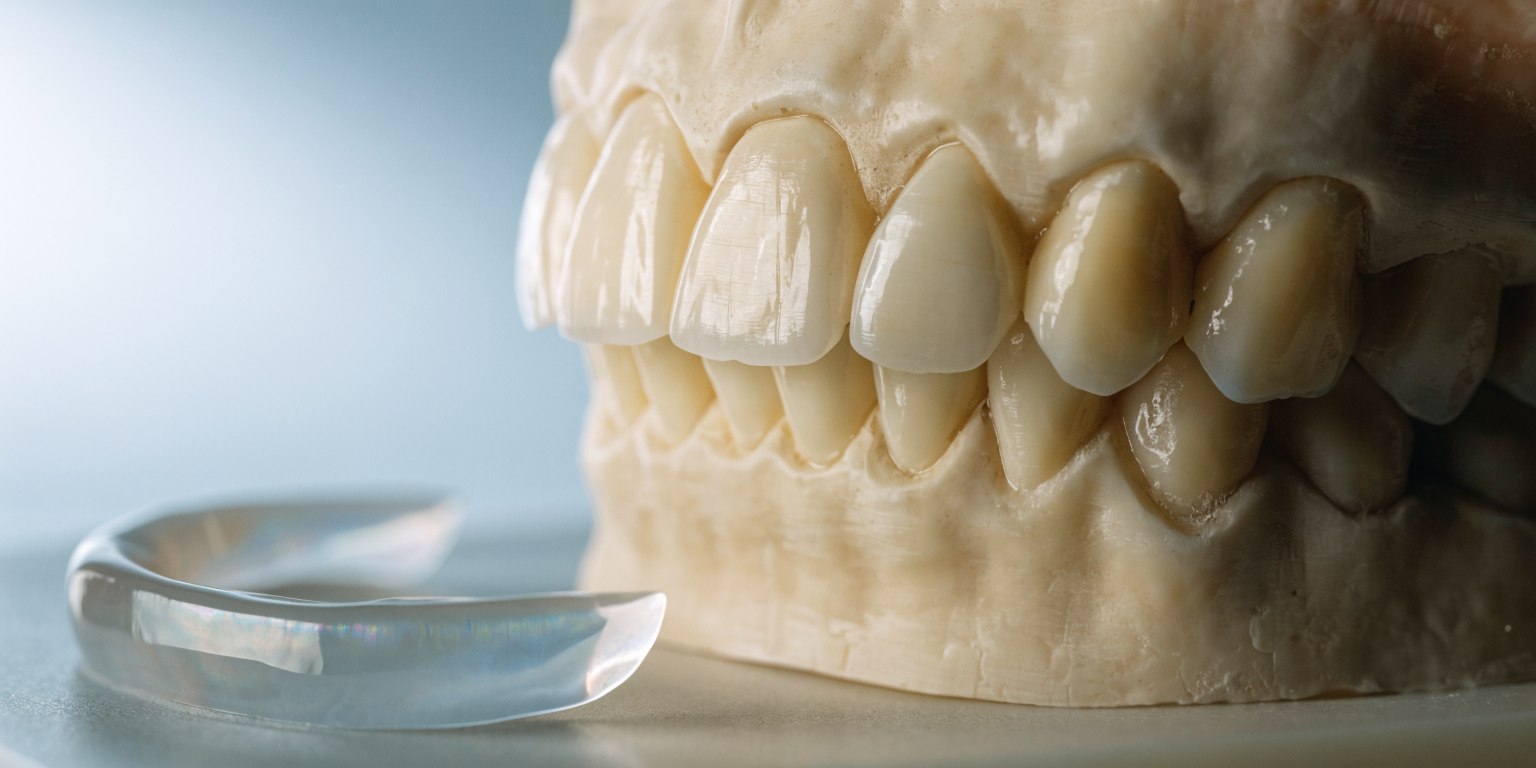 Thin ceramic veneer sample displayed beside a dental study model
