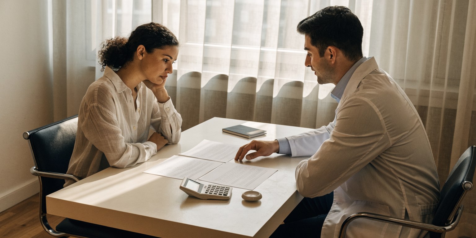 A patient compares two veneer treatment estimates with a dentist